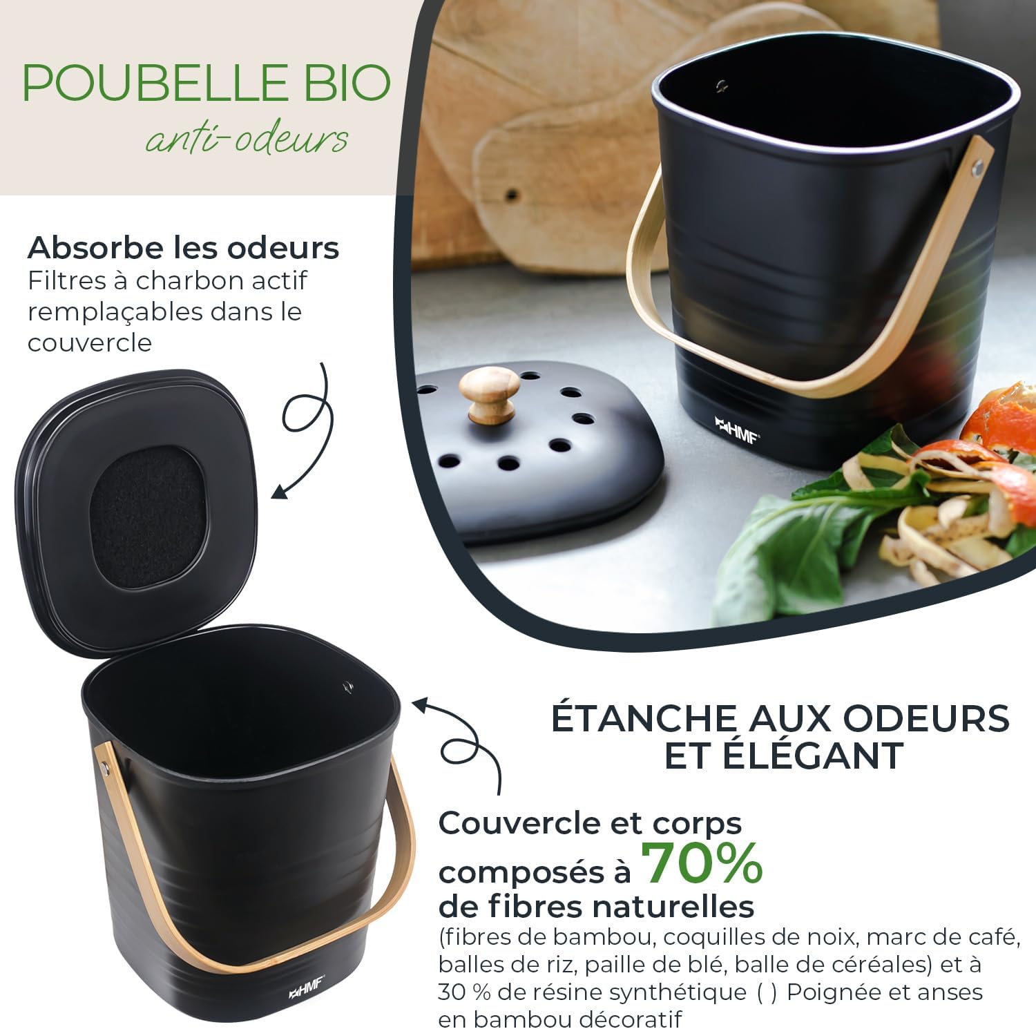 Seau à compost noir ouvert avec son filtre à charbon actif remplaçable dans le couvercle