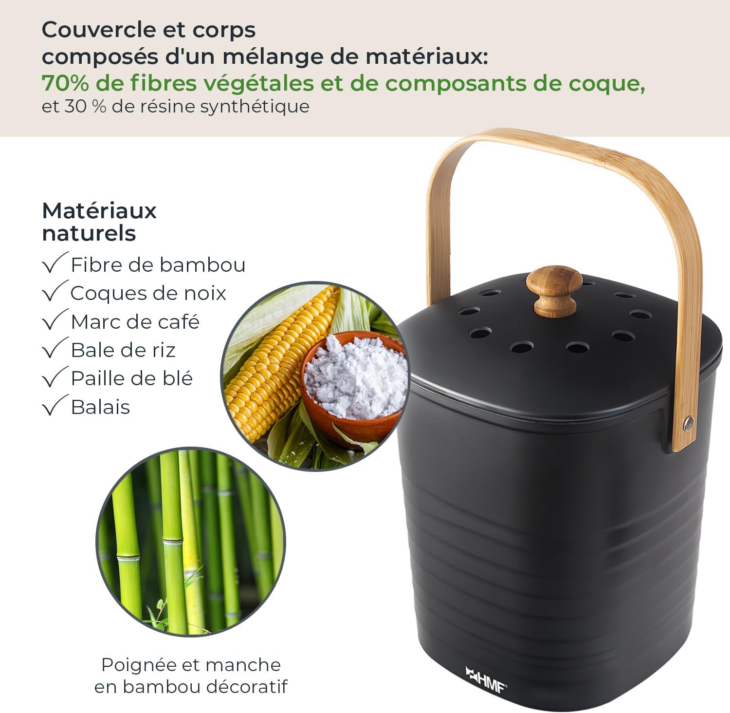 Seau noir avec composition naturelle : fibres de bambou, coques de noix, marc de café, paille de blé