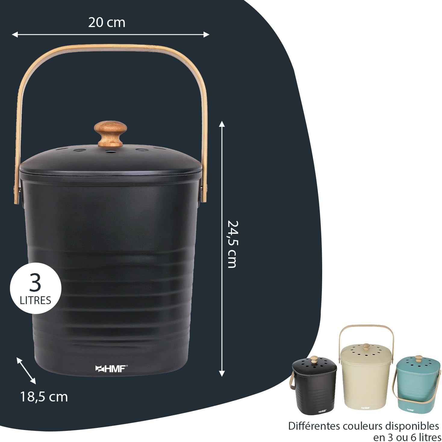 Seau à compost noir de 3 L avec dimensions 20 x 18,5 cm et 24,5 cm de haut, et autres coloris