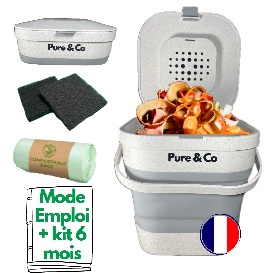 Seau à compost pliable Pure&amp;Co de 4 L gris et blanc, ouvert, avec filtres à charbon et sacs compostables