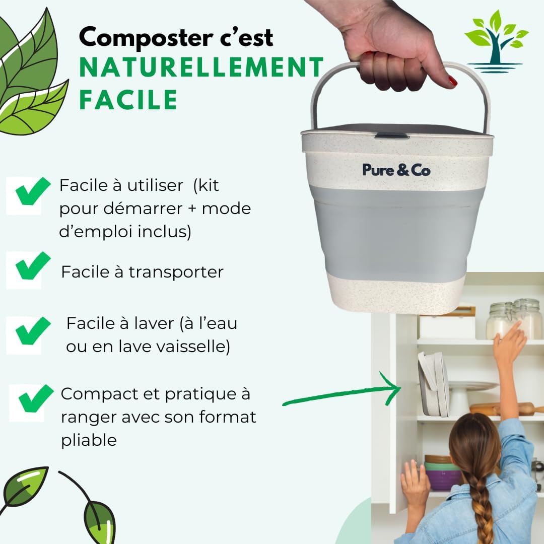 Seau pliable porté par son anse, avec arguments dusage : facile à laver, compact, rangement pliable