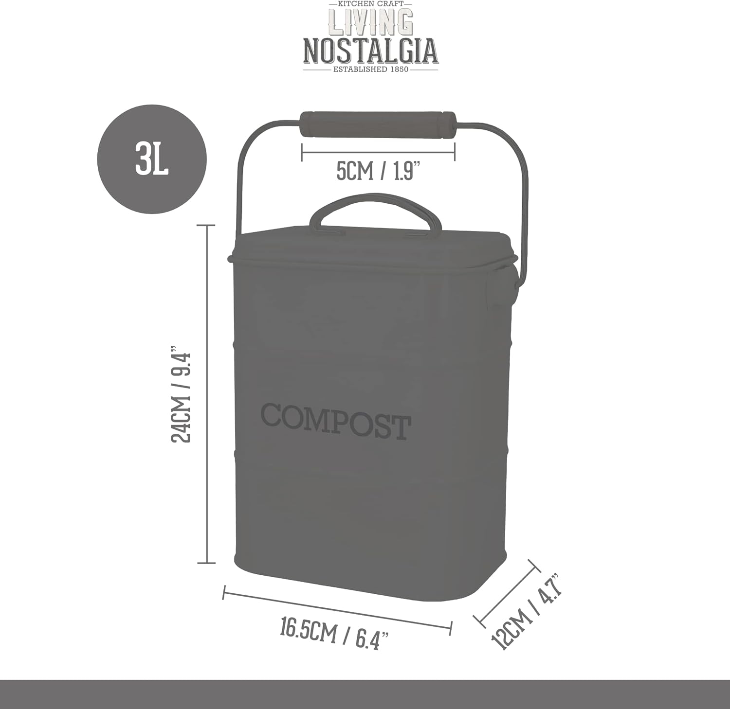 Schéma du seau à compost de 3 L : 24 cm de haut, 16,5 cm de large, 12 cm de profondeur