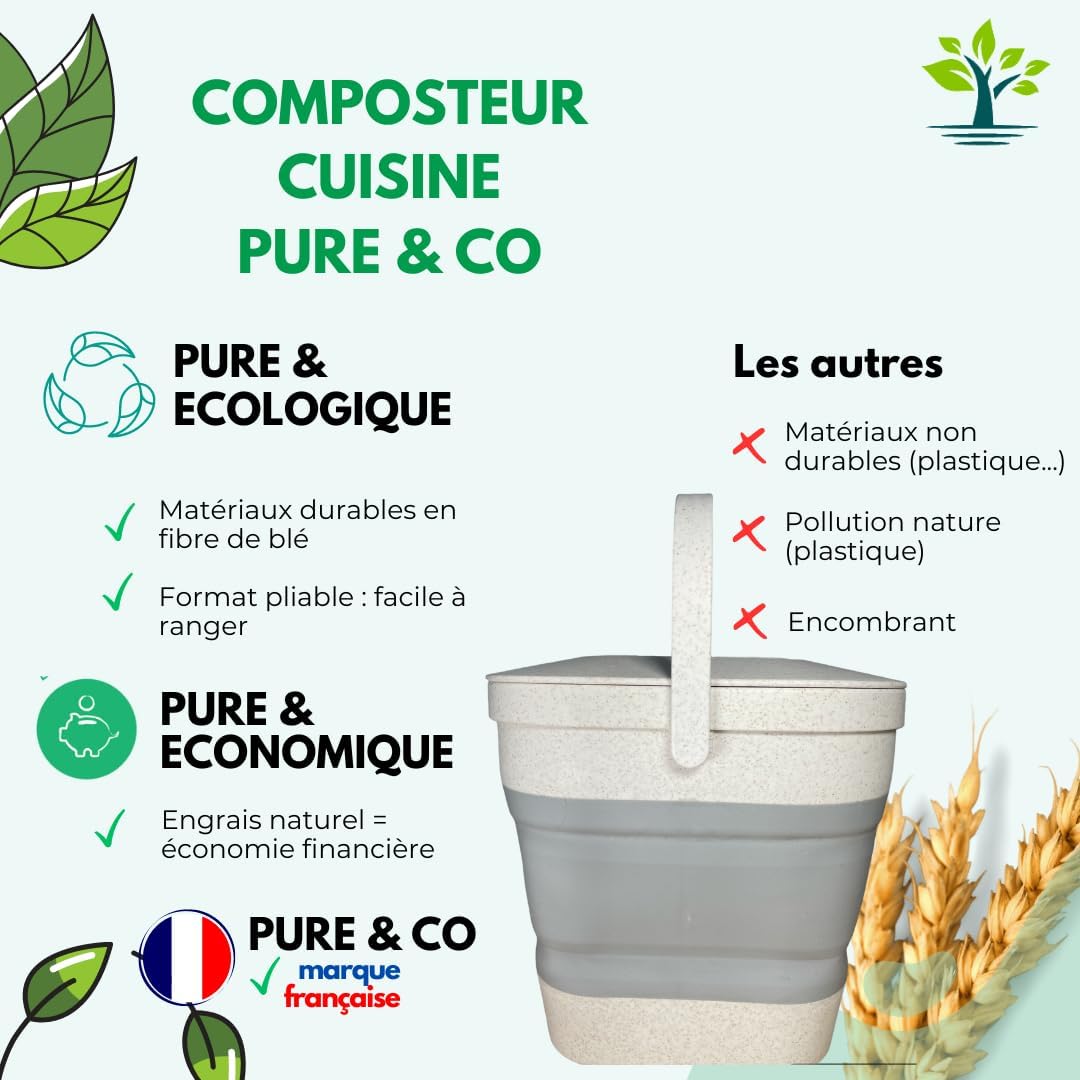 Seau pliable en fibre de blé avec épis de blé, comparé à des matériaux non durables