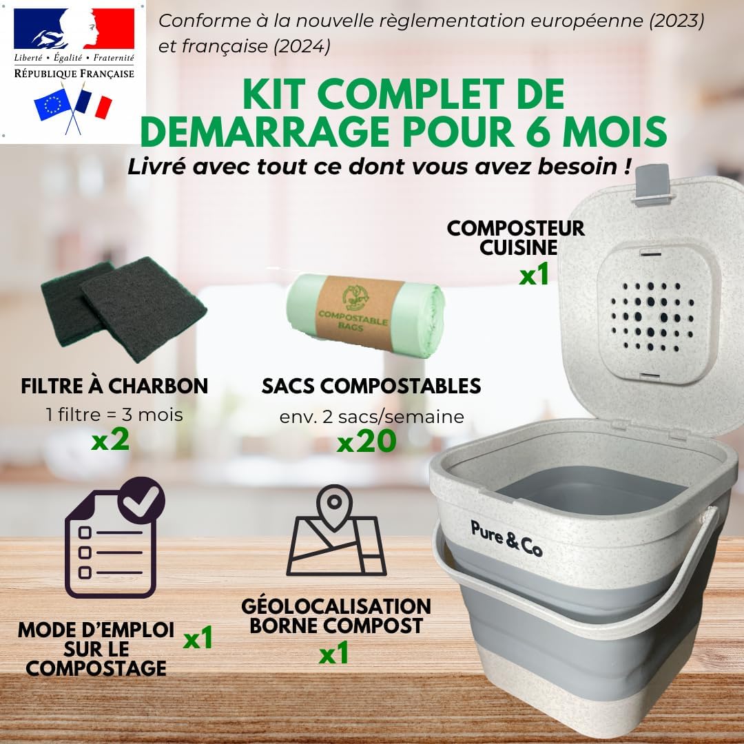 Kit de démarrage de 6 mois : seau, 2 filtres à charbon, 20 sacs compostables et mode demploi