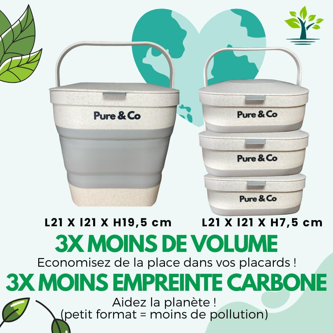 Seau Pure&amp;Co déplié de 19,5 cm de haut et seaux repliés empilés de 7,5 cm chacun