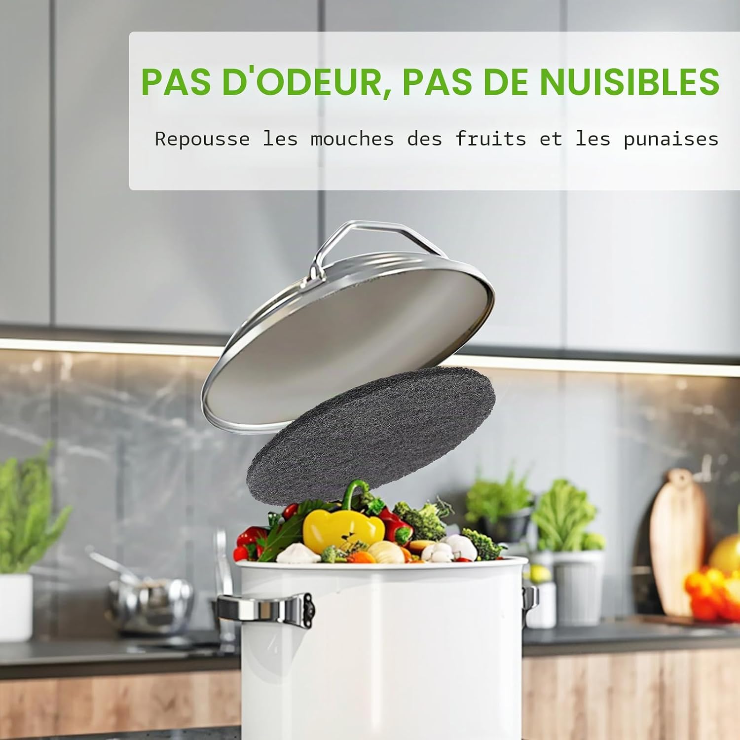 Filtre à charbon placé sous le couvercle dun seau à compost de cuisine rempli de légumes