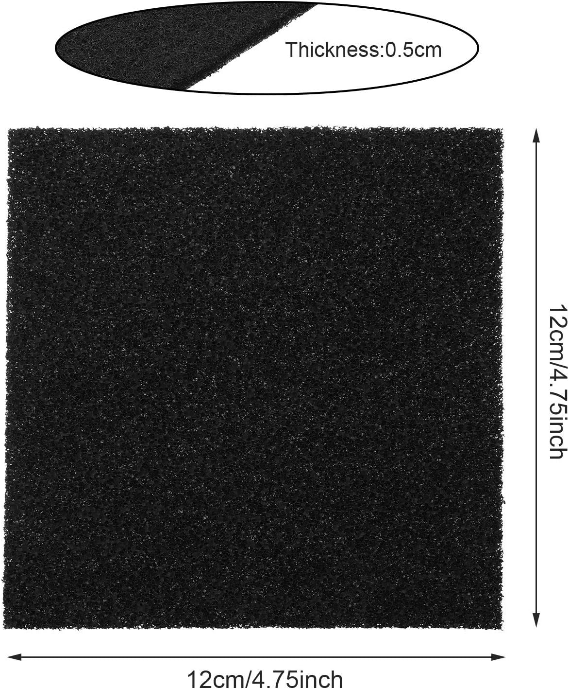 Filtre à charbon carré de 12 x 12 cm, épaisseur 0,5 cm, avec cotes indiquées