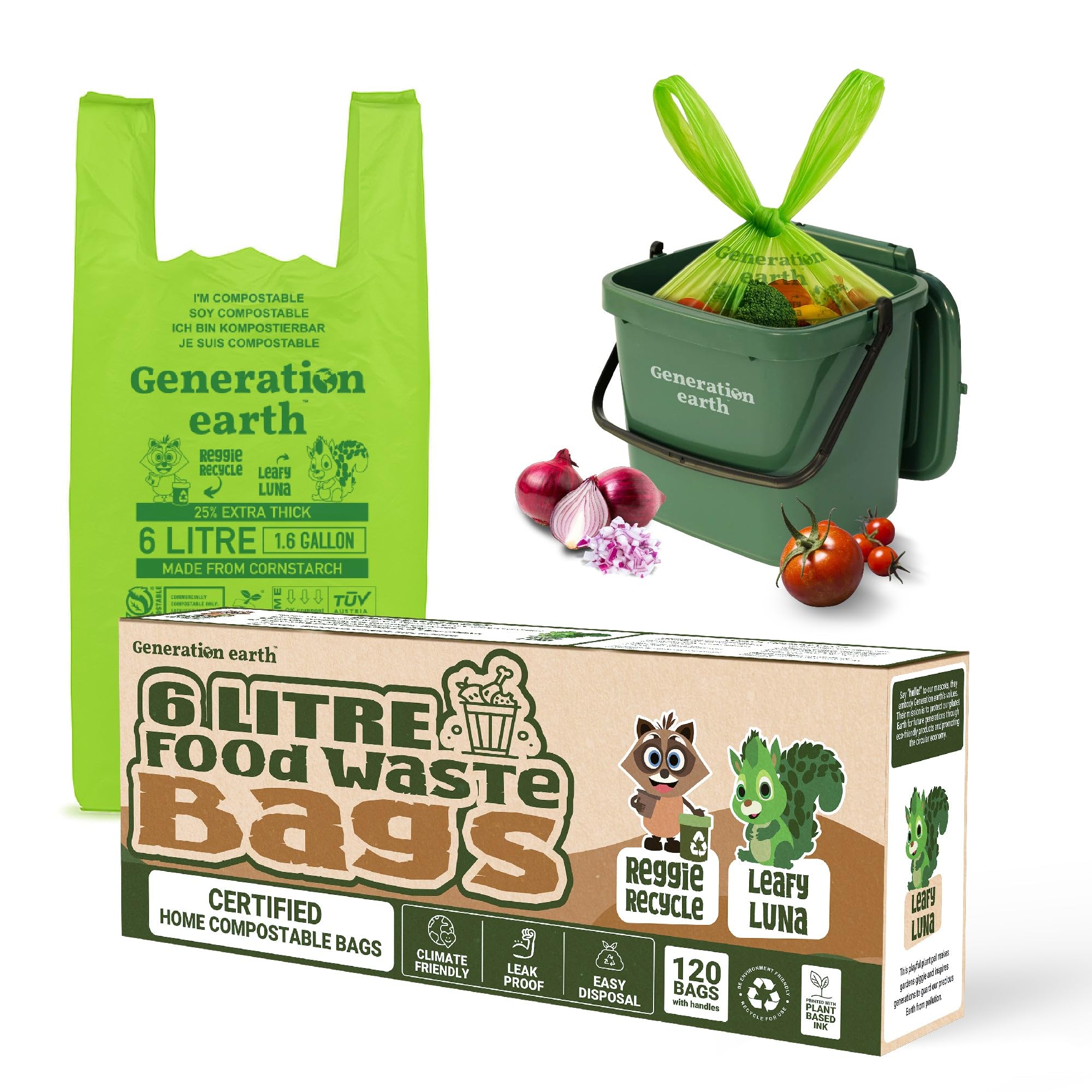 Boîte de 120 sacs compostables Generation Earth de 6 L avec un sac vert à poignées et un seau à compost