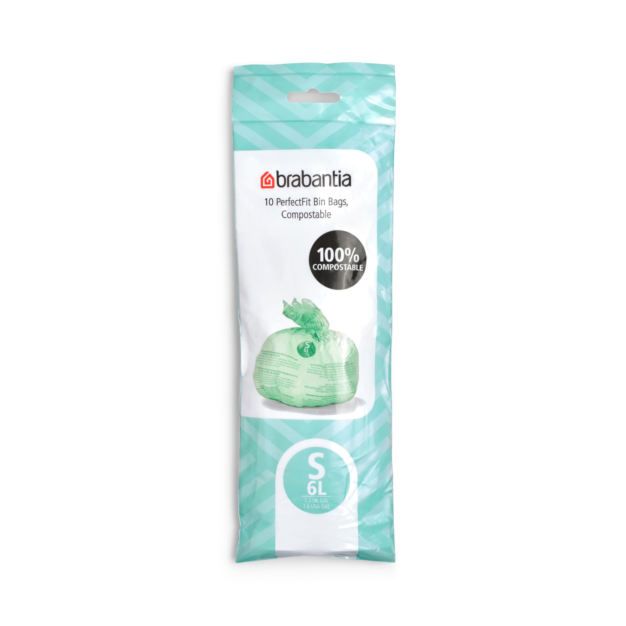 Rouleau de 10 sacs compostables Brabantia PerfectFit S de 6 L dans son emballage turquoise