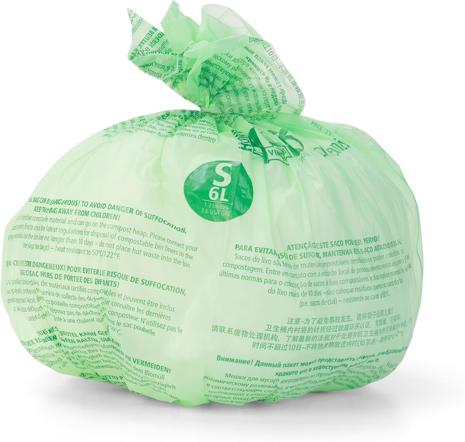 Sac compostable vert Brabantia de 6 L rempli et noué, avec létiquette S 6L
