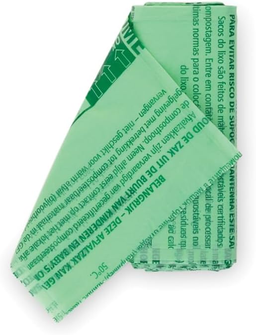 Rouleau de sacs compostables verts déplié, avec les consignes dutilisation imprimées