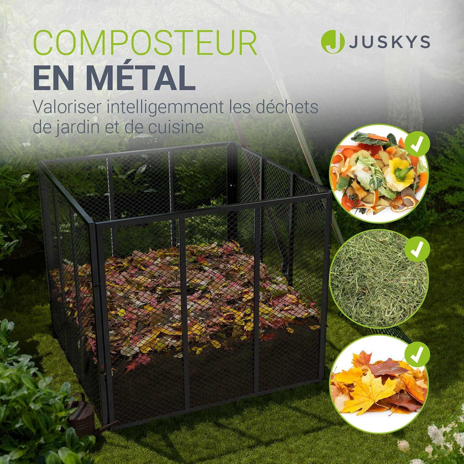 Bac &agrave; compost en m&eacute;tal noir rempli de feuilles mortes, avec les d&eacute;chets de cuisine et de tonte qui s'y ajoutent