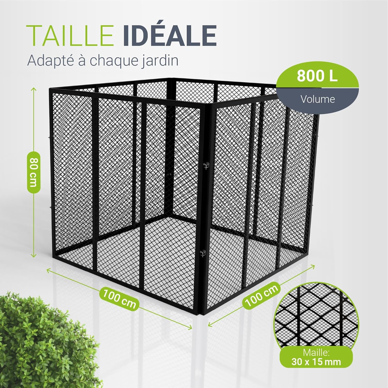 Composteur à grille avec dimensions de 100 x 100 x 80 cm, volume de 800 L et maille de 30 x 15 mm