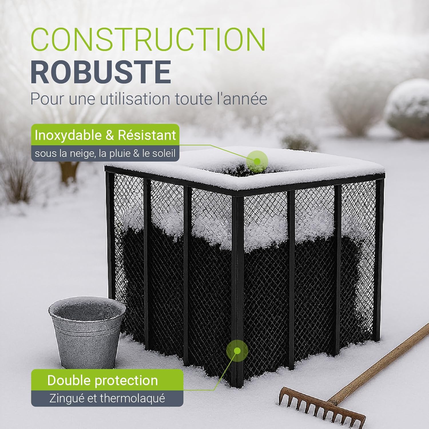 Bac &agrave; compost en m&eacute;tal sous la neige, qui reste utilisable en hiver