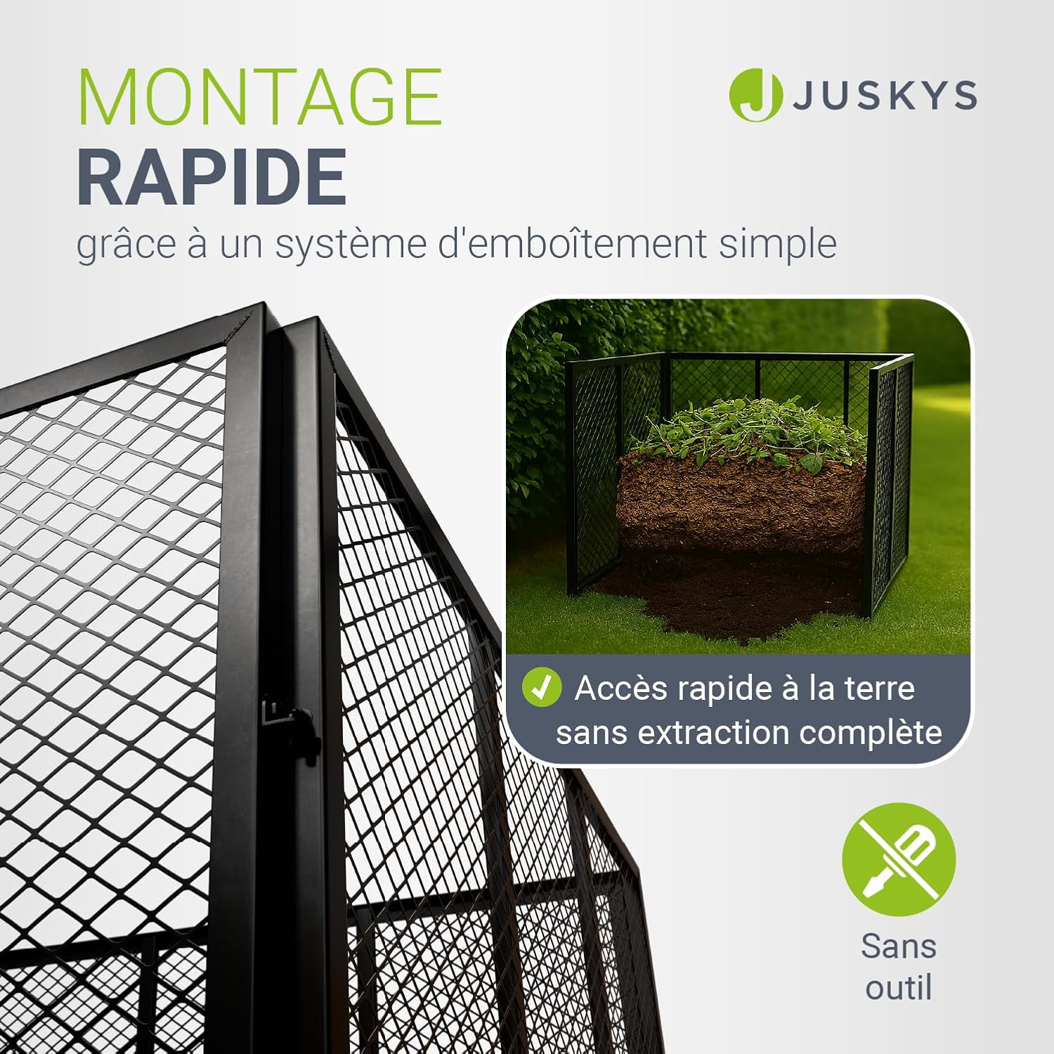 Angle du composteur à grille avec montage par emboitement sans outil et accès au compost mûr