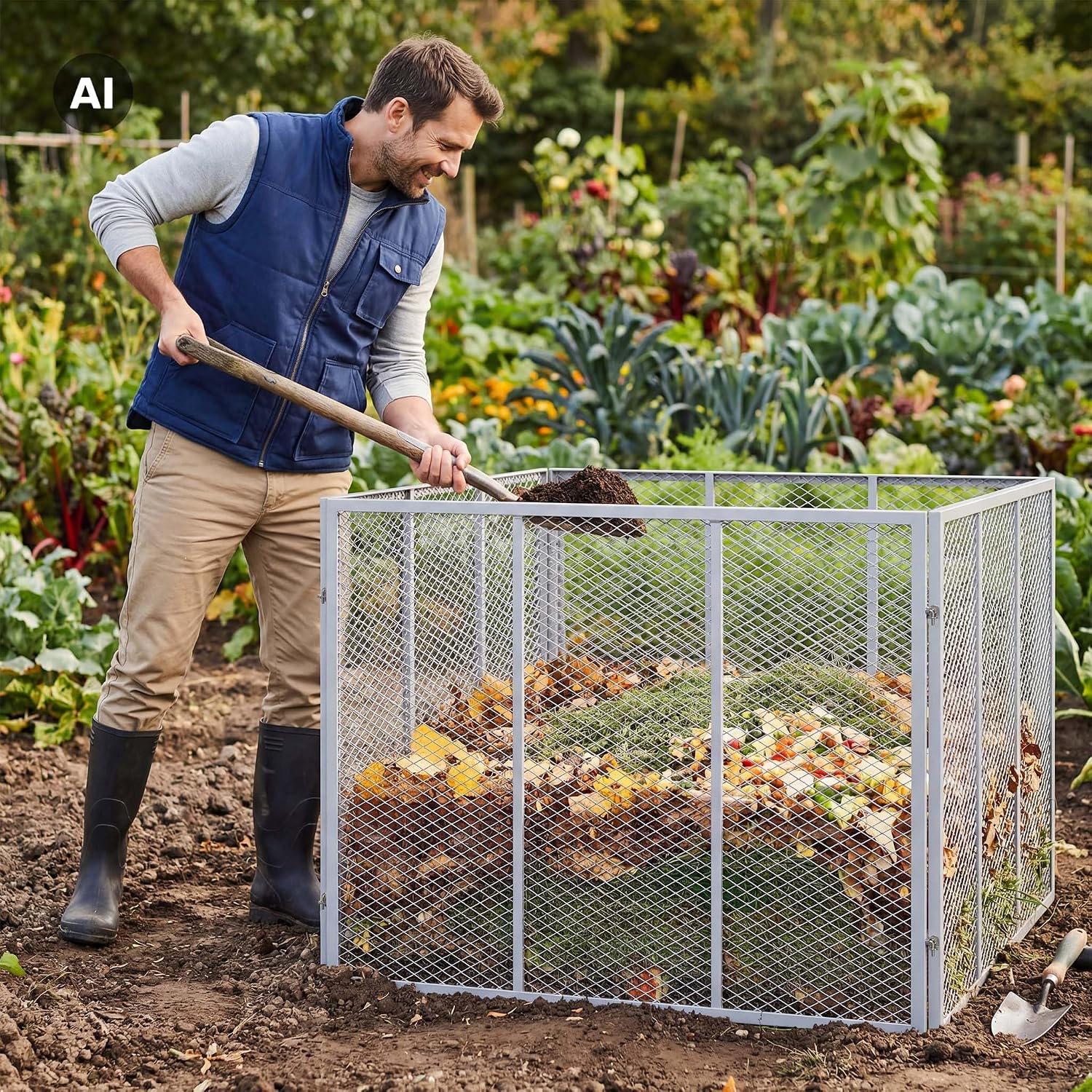 Jardinier remuant un tas de compost à la fourche dans le composteur à grille au potager