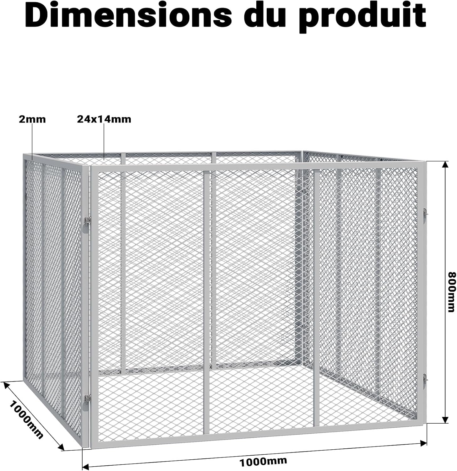 Dimensions du composteur à grille : 1000 x 1000 mm au sol et 800 mm de haut