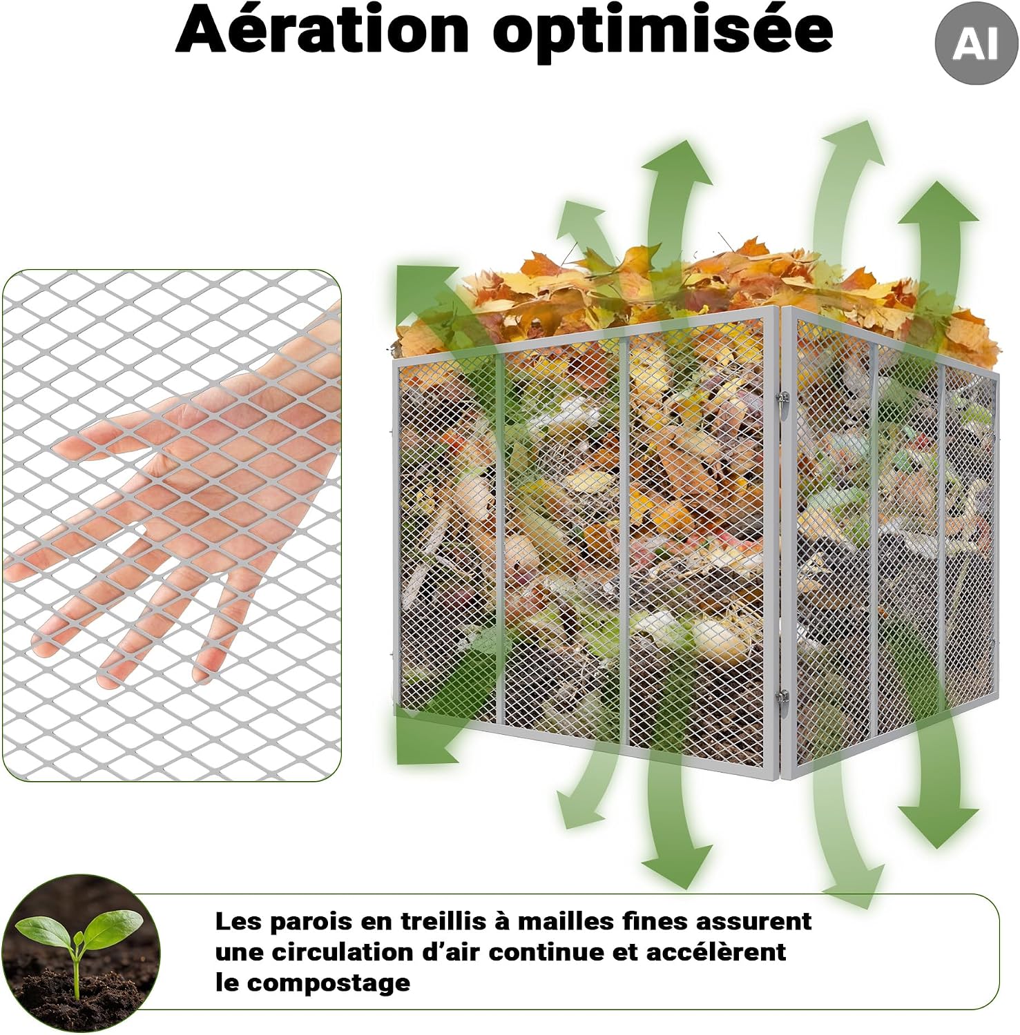 Gros plan sur le treillis à mailles fines et flèches de circulation dair autour du tas