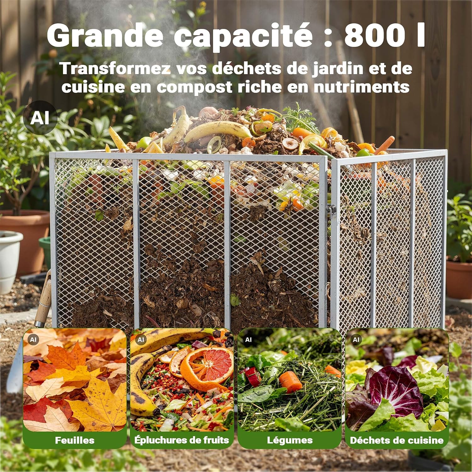 Composteur à grille rempli de feuilles, épluchures de fruits, légumes et déchets de cuisine