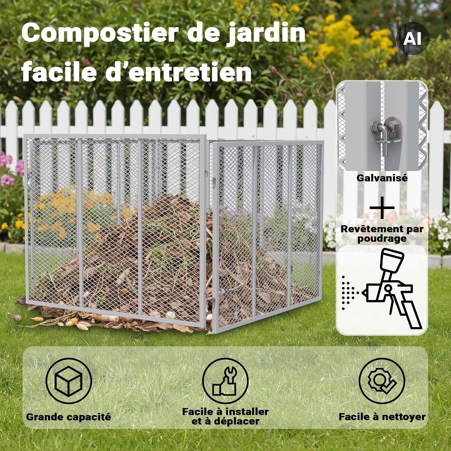 Composteur de jardin galvanisé avec revêtement par poudrage, installé sur une pelouse devant une clôture