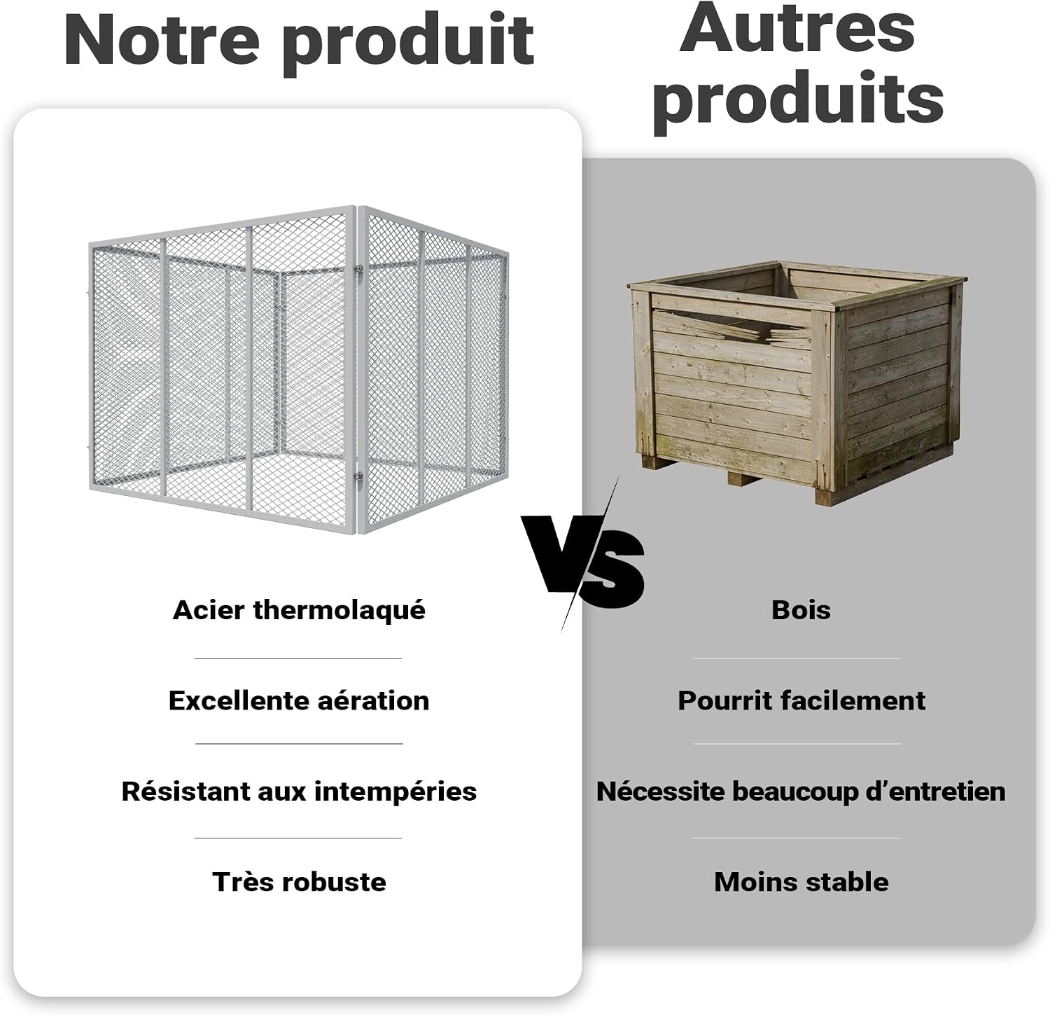 Comparatif entre le composteur en acier thermolaqué et un bac en bois qui pourrit plus vite