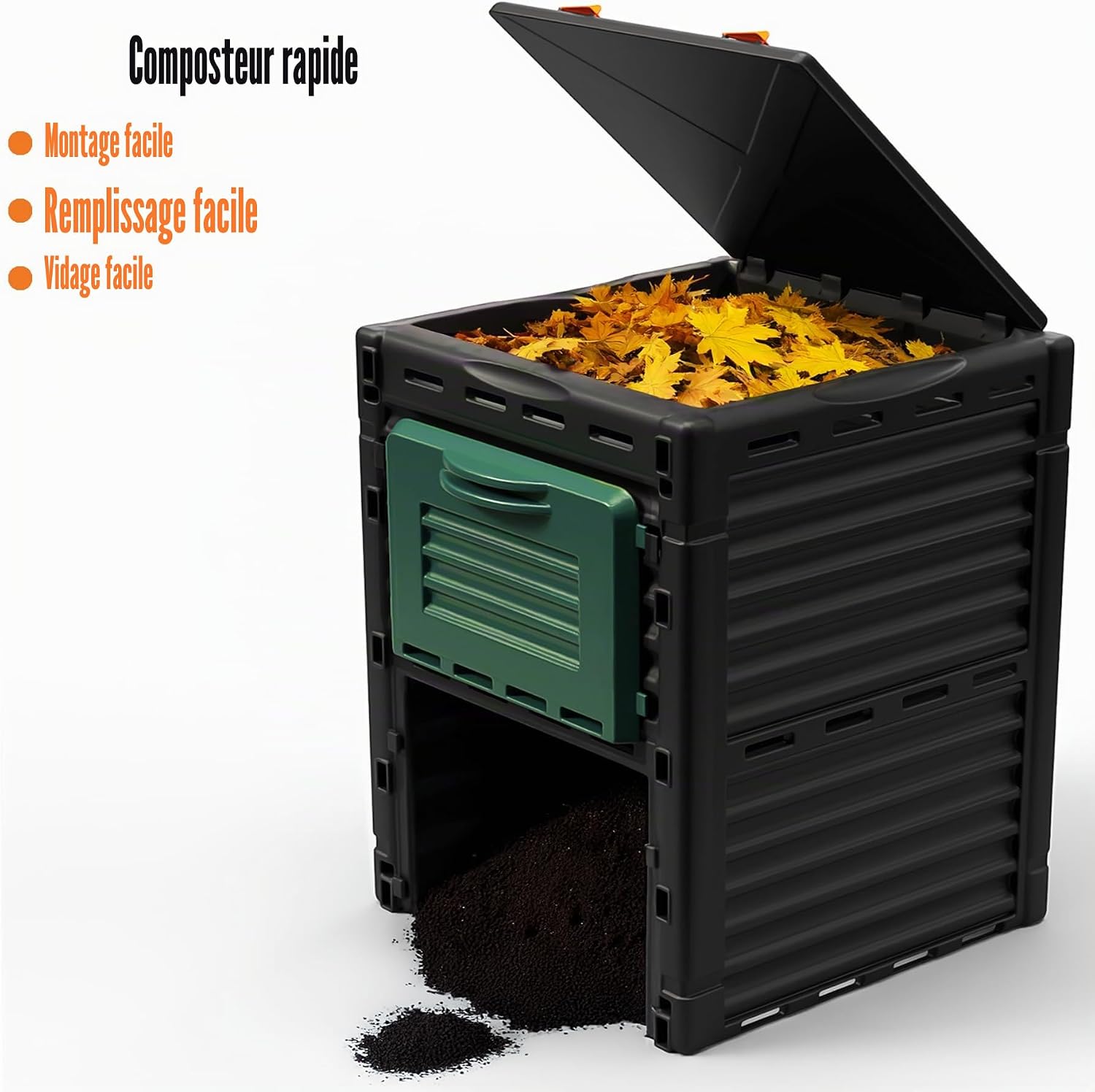 Composteur BigDean couvercle ouvert rempli de feuilles, compost mûr sous la trappe