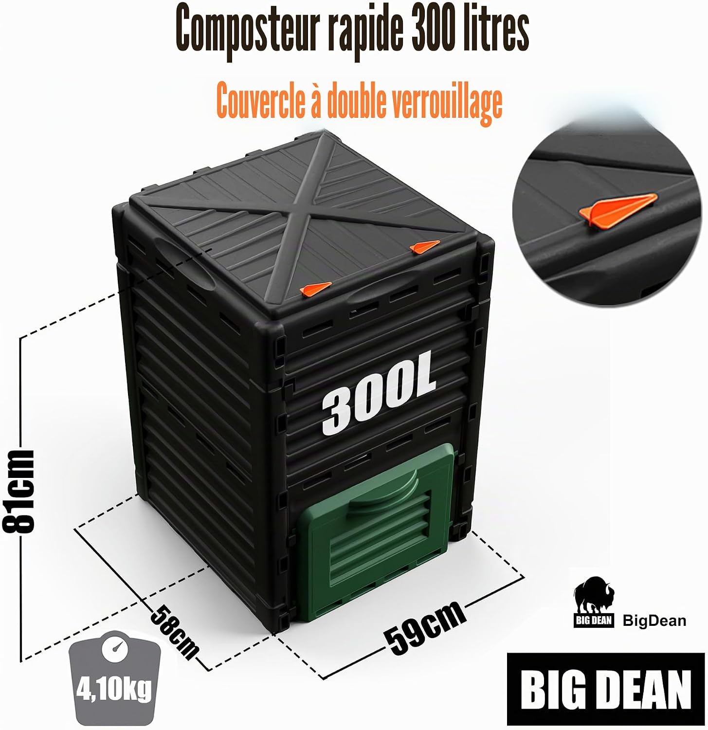 Composteur BigDean 300 L avec dimensions 59 x 58 x 81 cm, poids 4,1 kg et double verrouillage