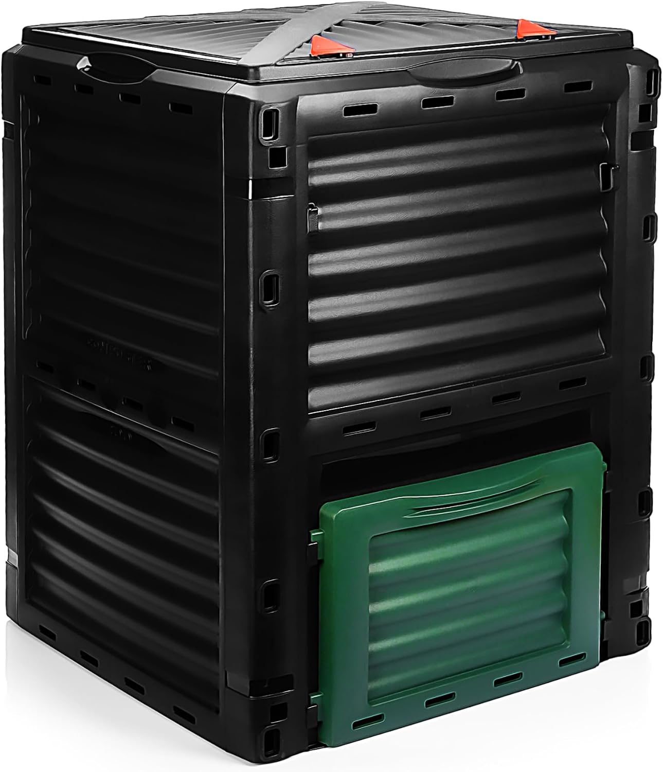 Composteur BigDean 300 L vu de trois quarts, trappe verte de récupération du compost