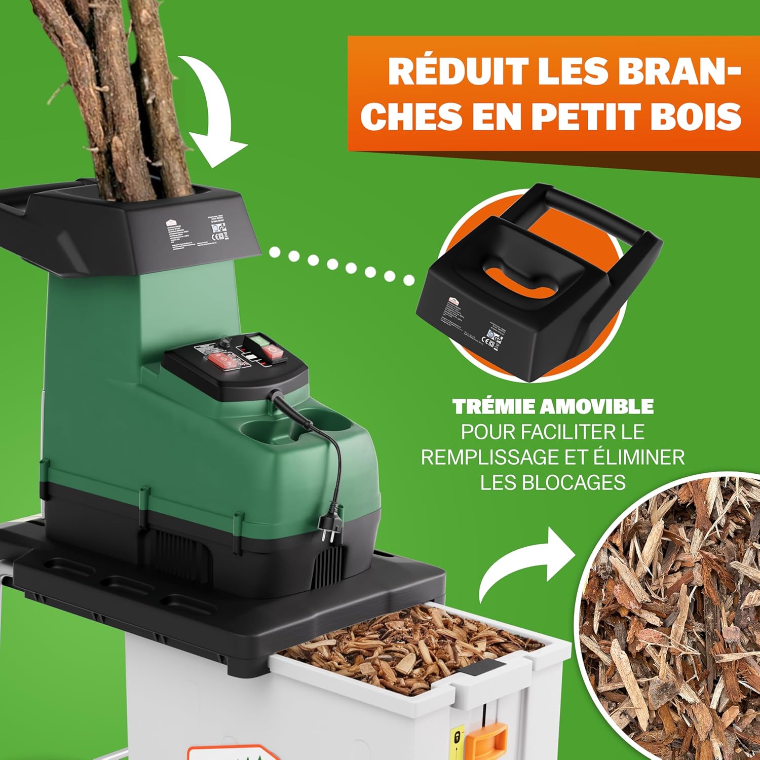 Branches introduites dans la tr&eacute;mie d'un broyeur &eacute;lectrique, avec les copeaux r&eacute;cup&eacute;r&eacute;s dans le bac