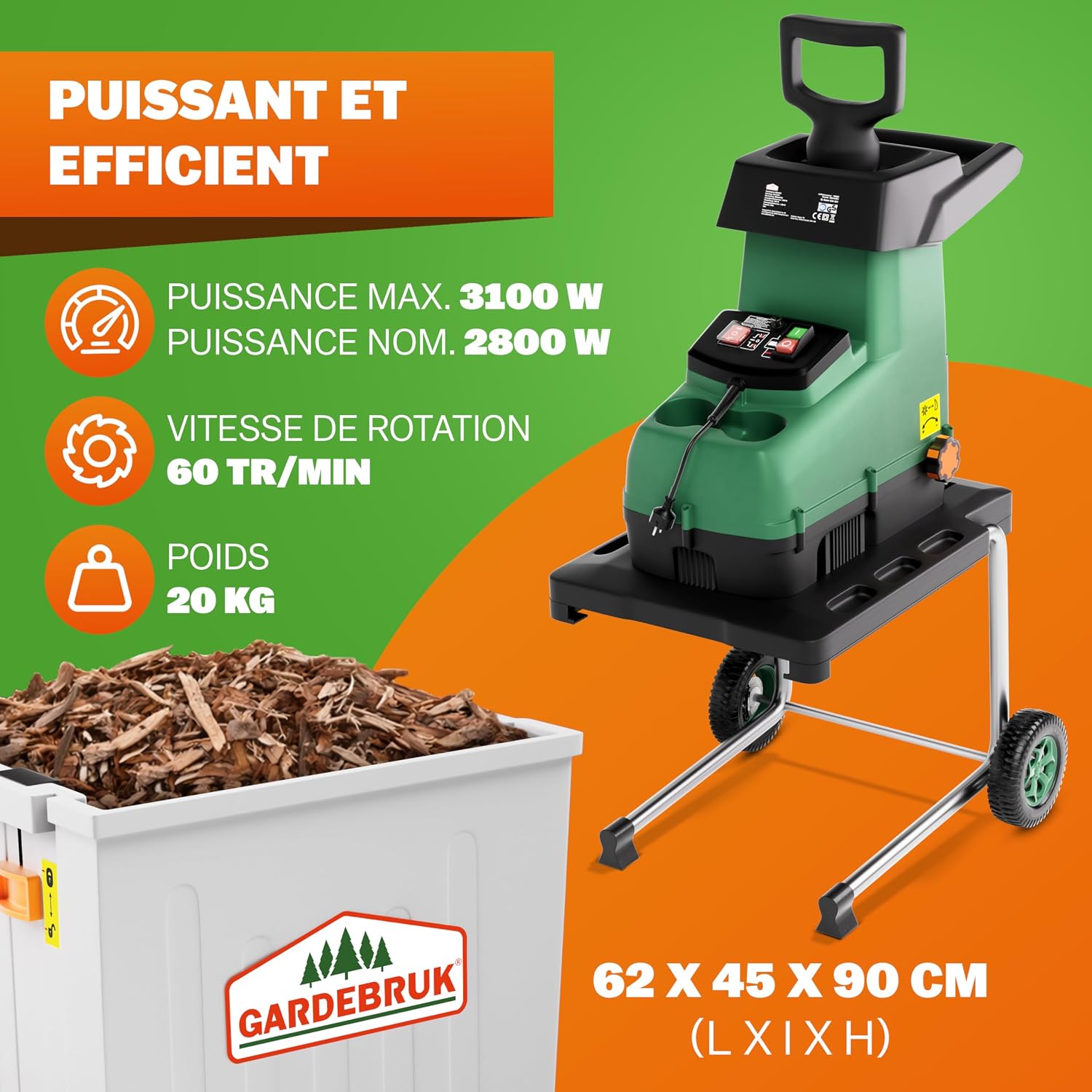 Caractéristiques du broyeur : 3100 W max., 60 tr/min, 20 kg, dimensions 62 x 45 x 90 cm