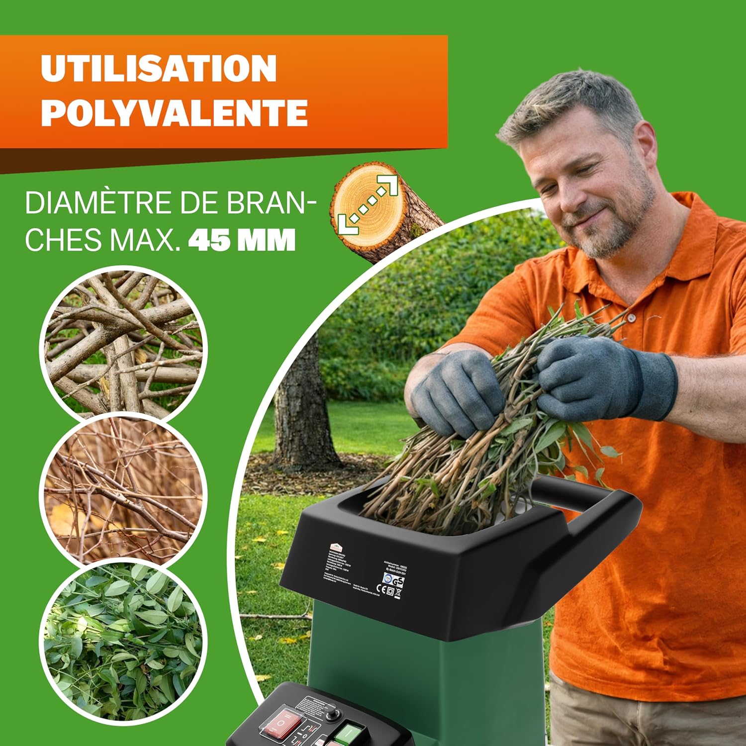 Homme ganté broyant des branches de diamètre maximal 45 mm, avec exemples de branchages