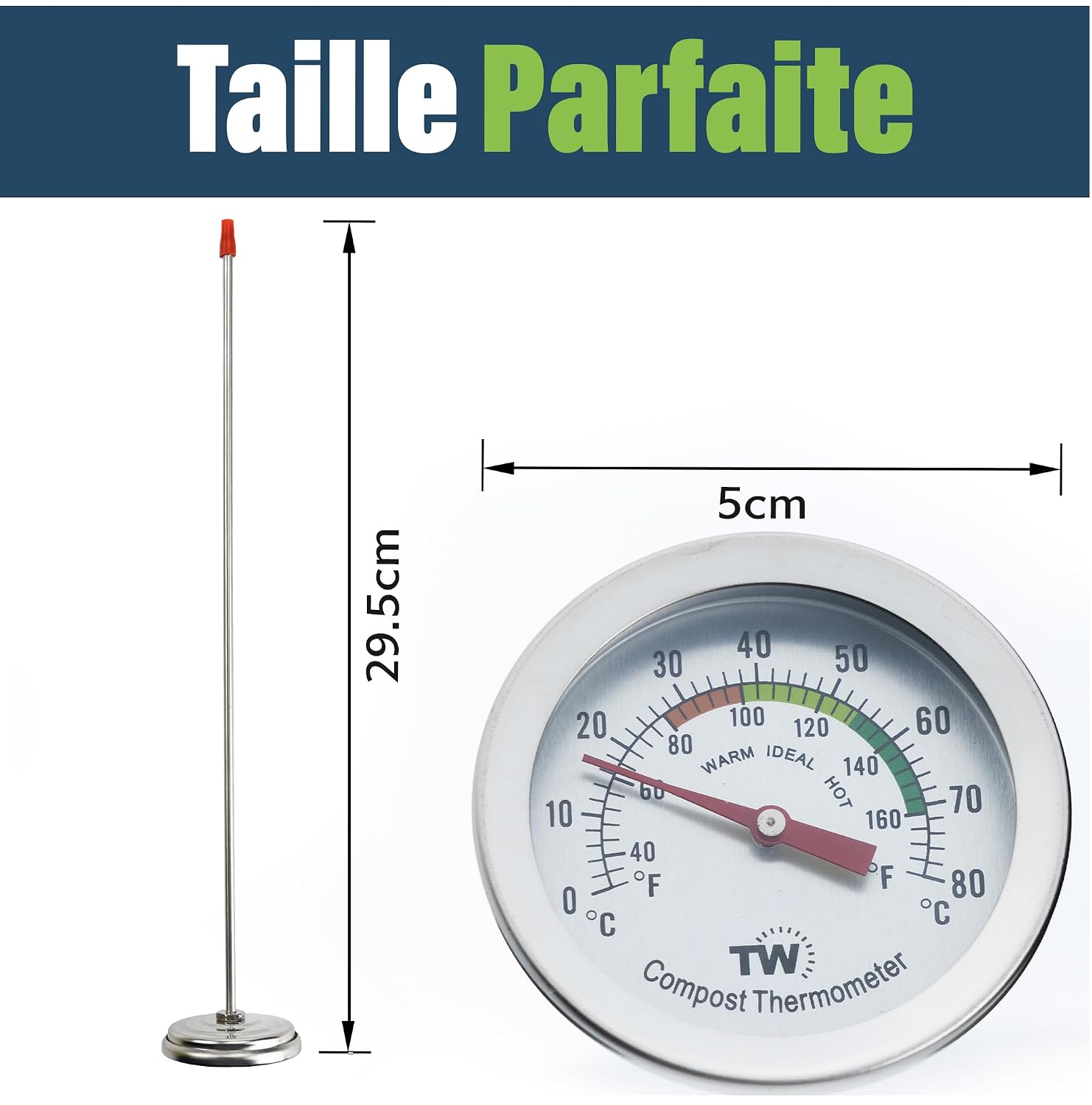 Thermomètre à compost : sonde de 29,5 cm à côté du cadran de 5 cm de diamètre
