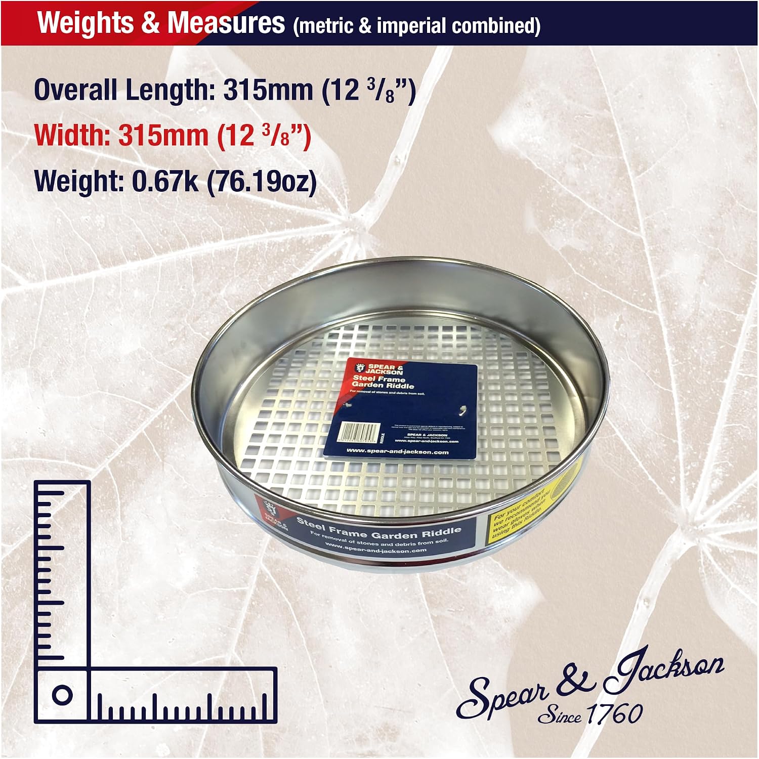 Tamis avec ses dimensions : 315 mm de long et de large, poids de 0,67 kg