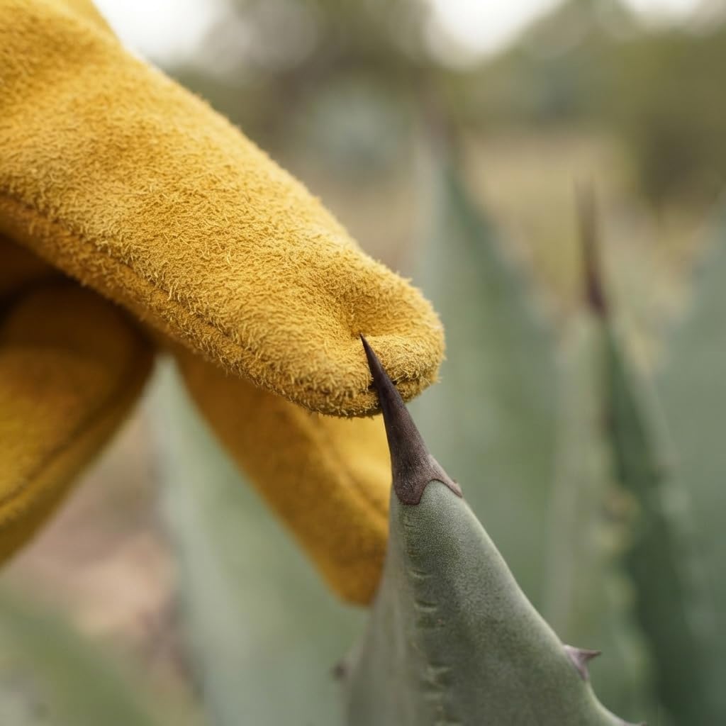Gros plan sur le cuir épais dun gant face à une épine dagave