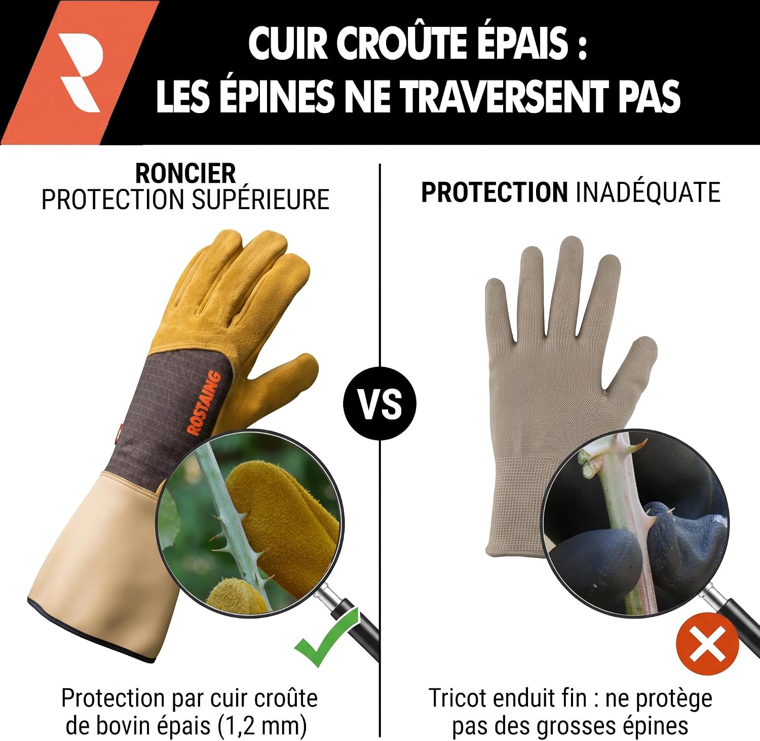 Comparatif : cuir croûte de 1,2 mm contre tricot fin face à une épine