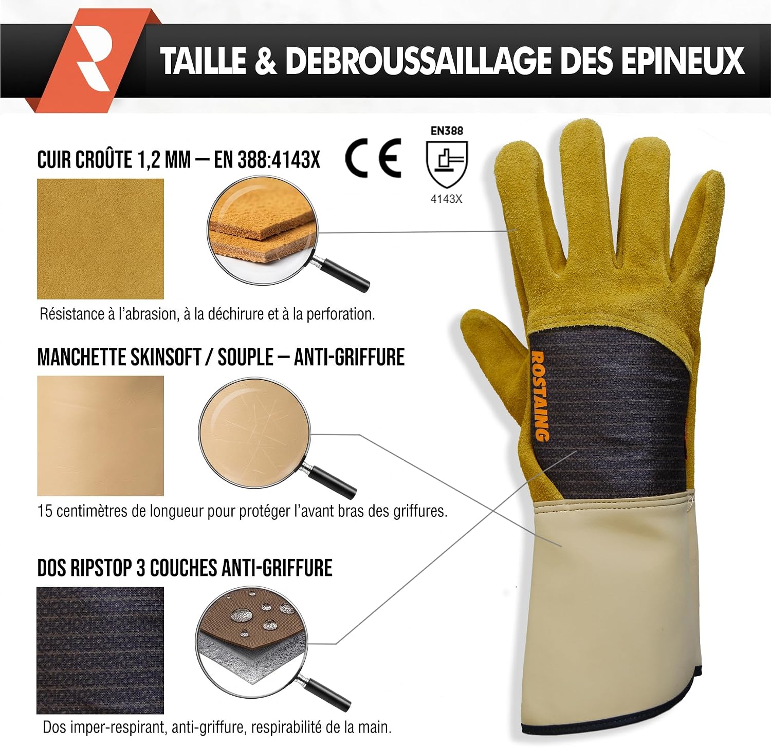 Schéma du gant Roncier : cuir croûte, manchette de 15 cm et dos Ripstop, norme EN 388 4143X