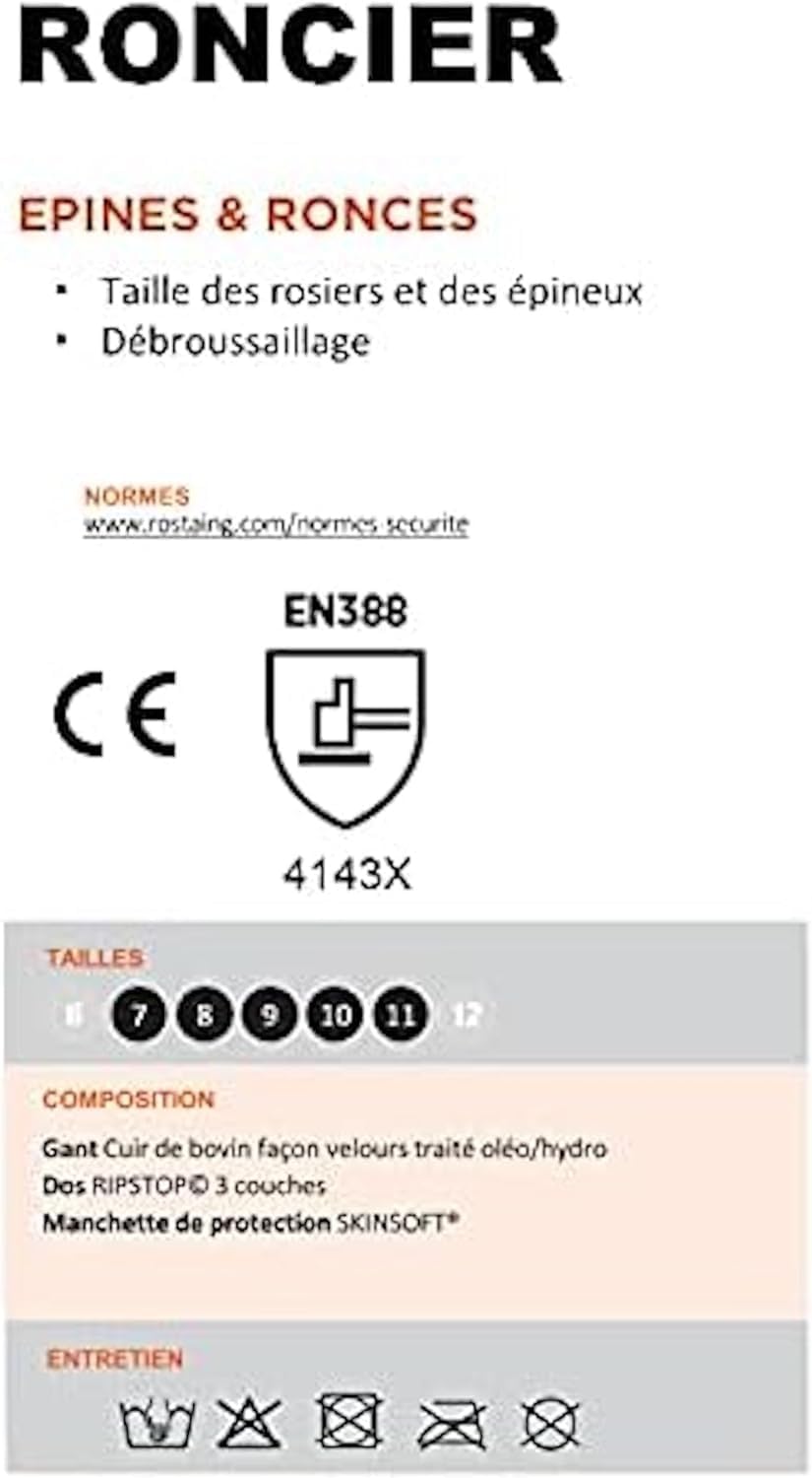 Fiche technique du gant Roncier : normes CE et EN 388, tailles, composition et entretien