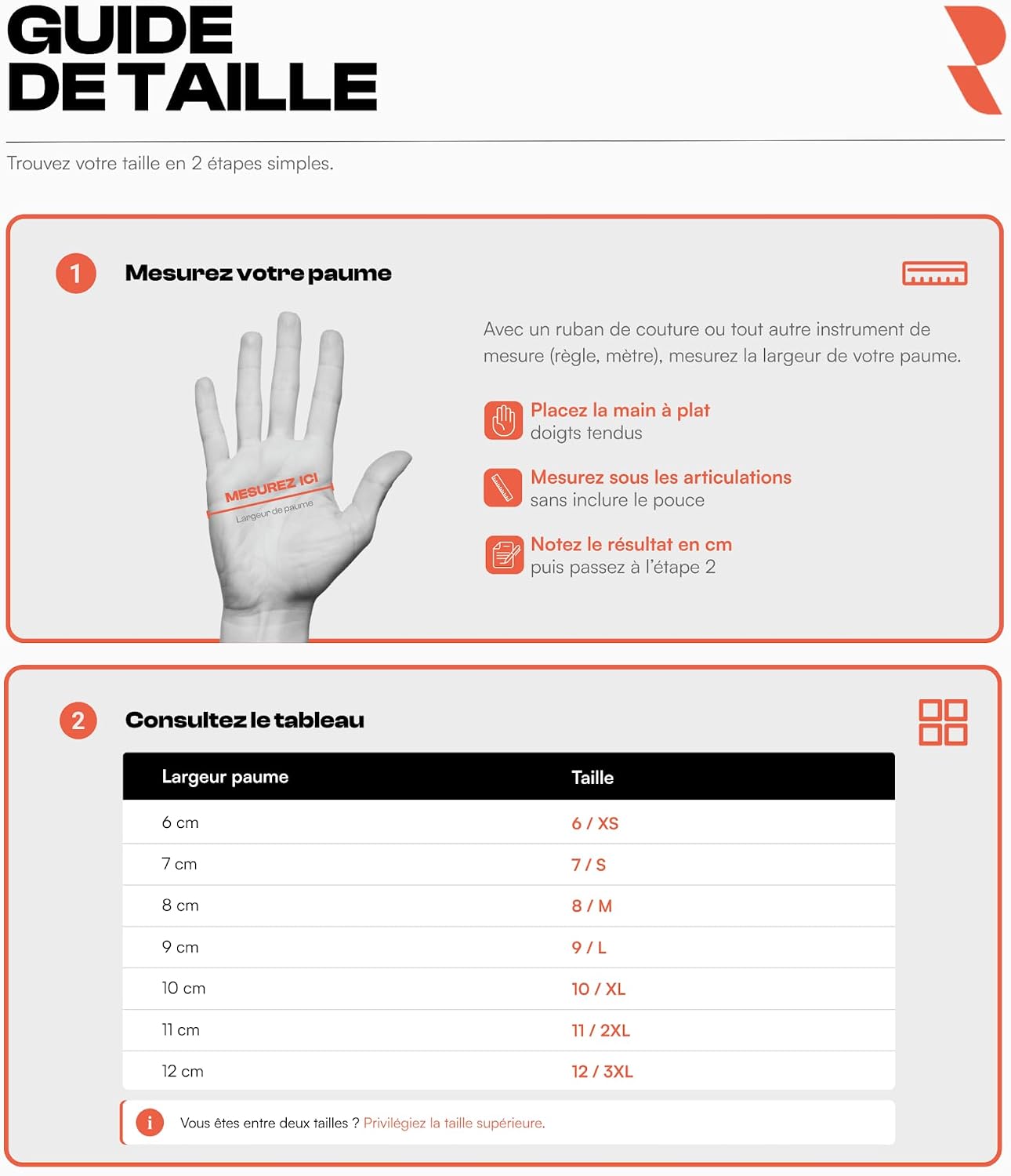 Guide des tailles de gants Rostaing, mesure de la paume et tableau de correspondance