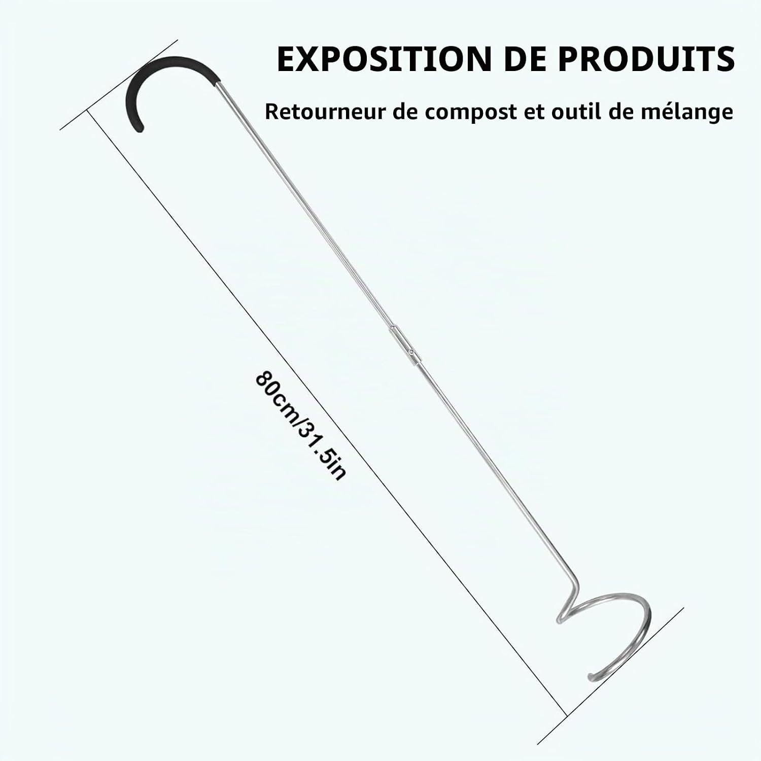 Aérateur de compost en inox coté à 80 cm, avec poignée noire coudée et hélice en bas