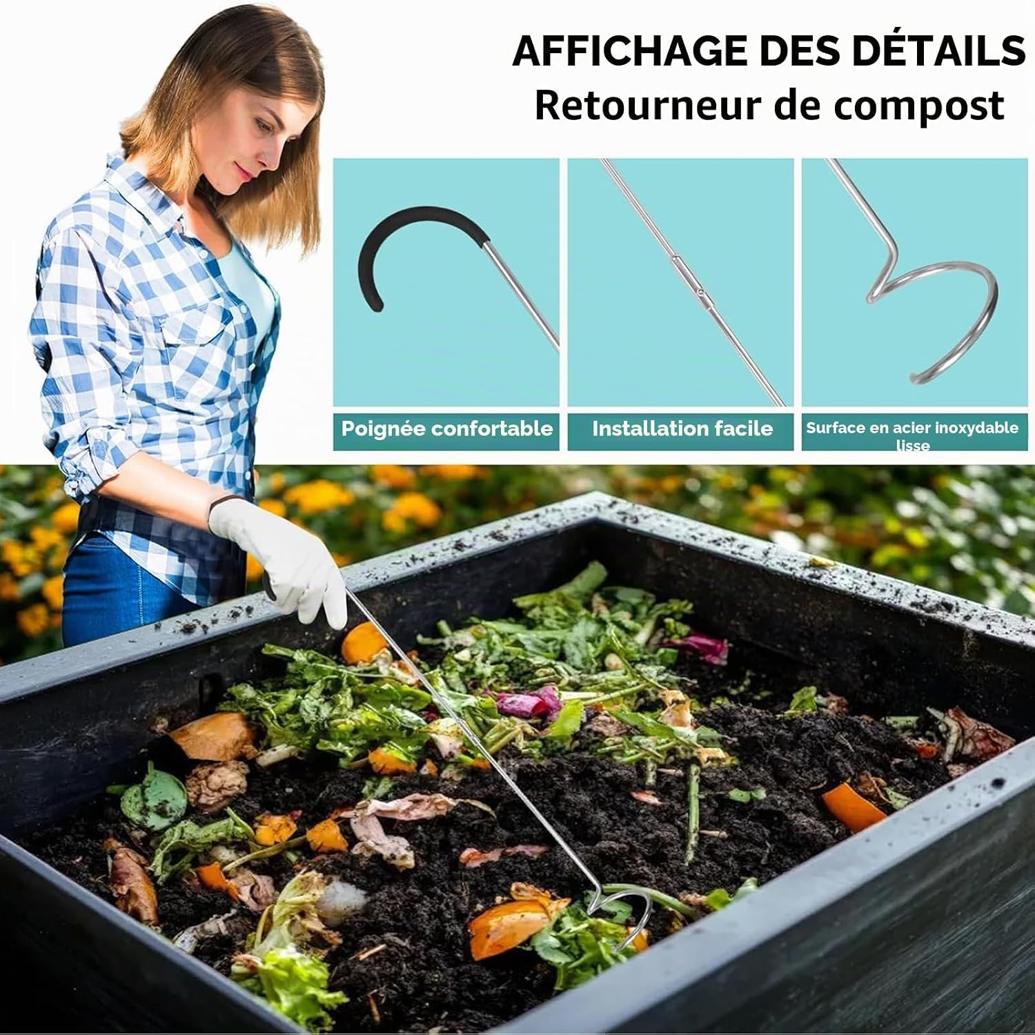 Jardinière aérant un composteur en bois avec loutil, et détails de la poignée et de linox