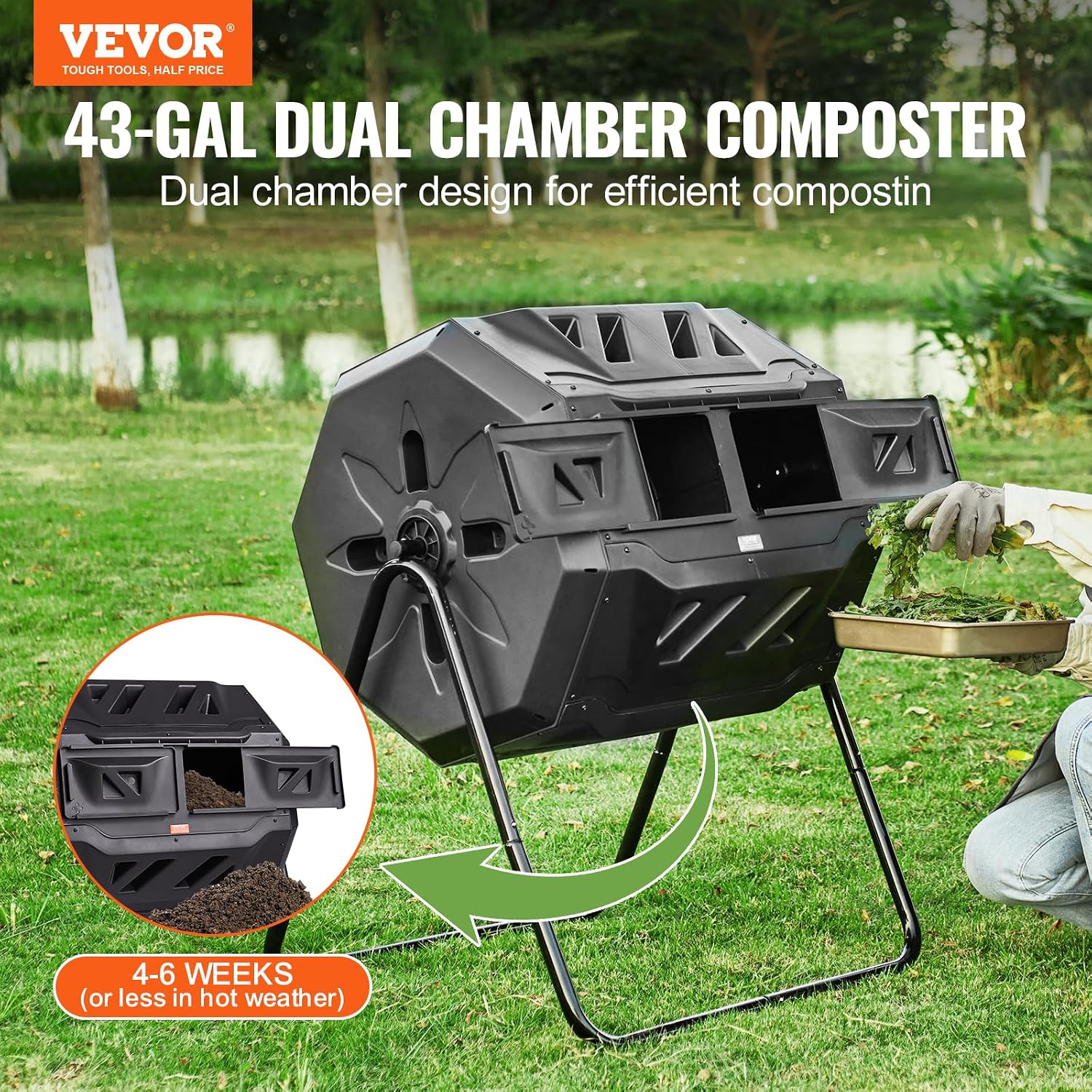 Composteur rotatif double chambre de 162 L posé sur une pelouse, avec zoom sur la porte coulissante