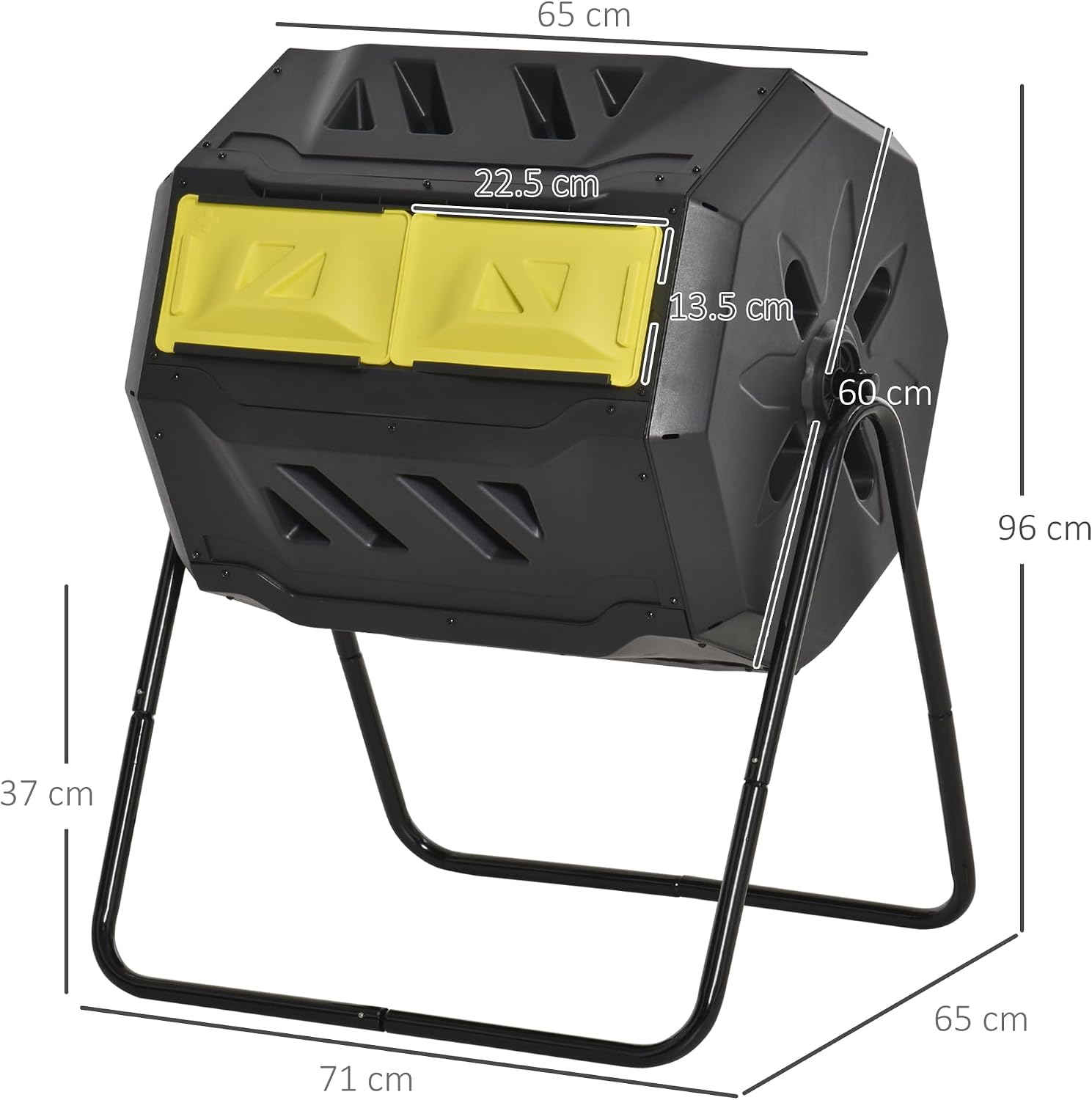 Composteur rotatif Outsunny avec dimensions : 71 x 65 x 96 cm et trappes de 22,5 cm