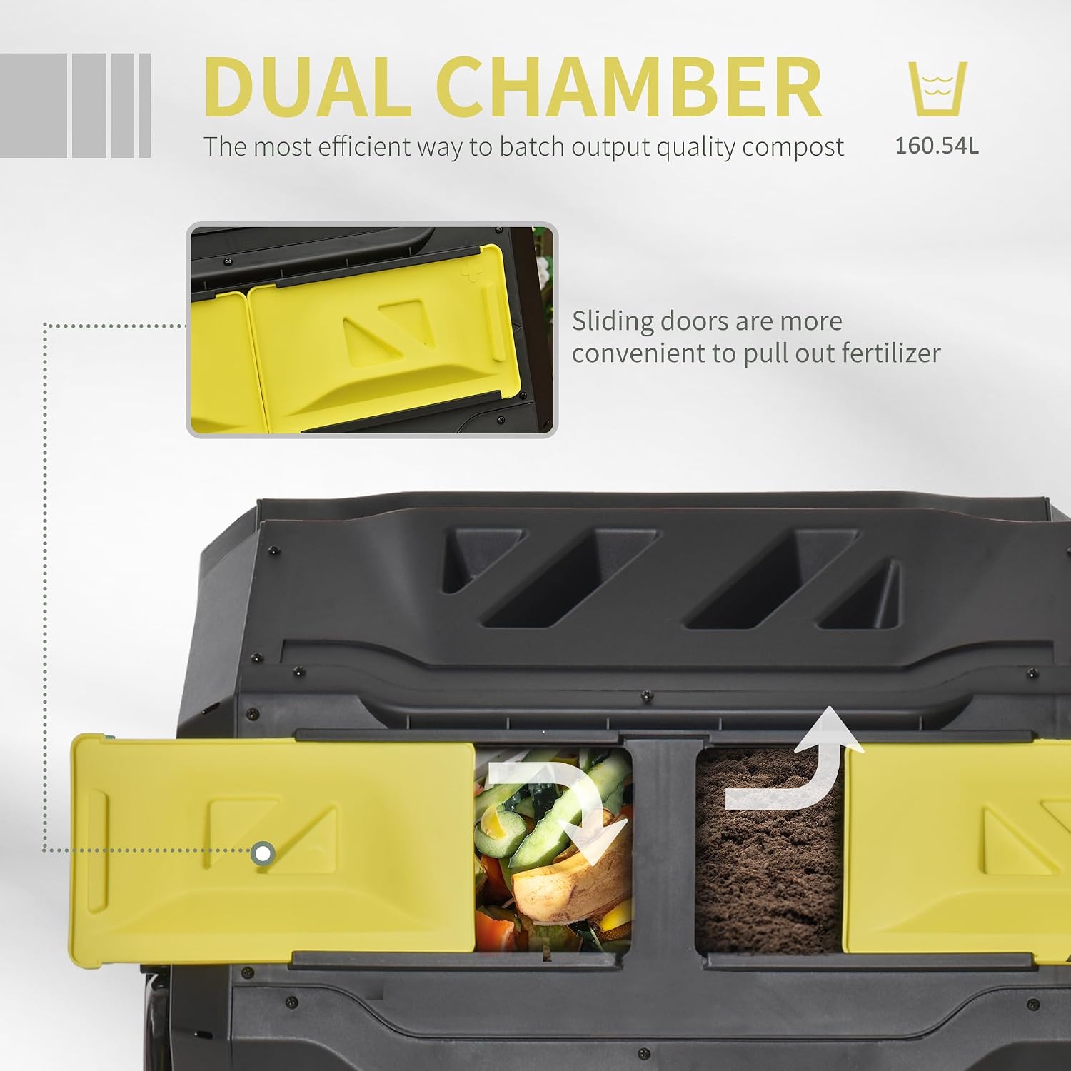Double chambre du composteur : trappes coulissantes jaunes pour sortir le compost