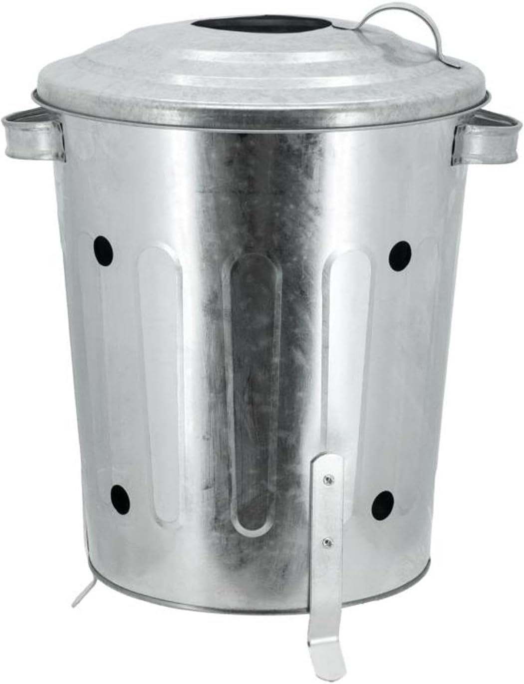 Bac galvanisé cylindrique vu de trois quarts, perforations daération sur les parois