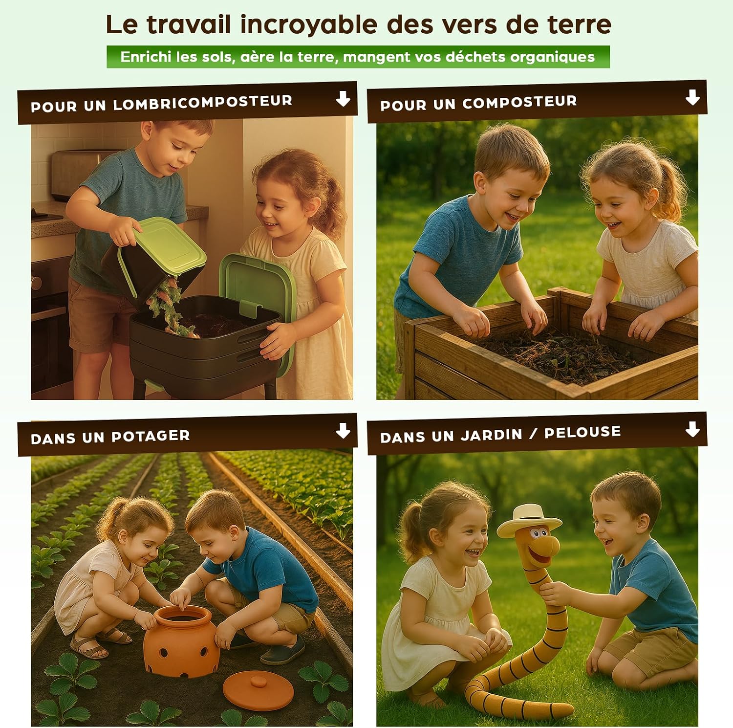 Enfants utilisant les vers dans un lombricomposteur, un composteur, un potager et une pelouse