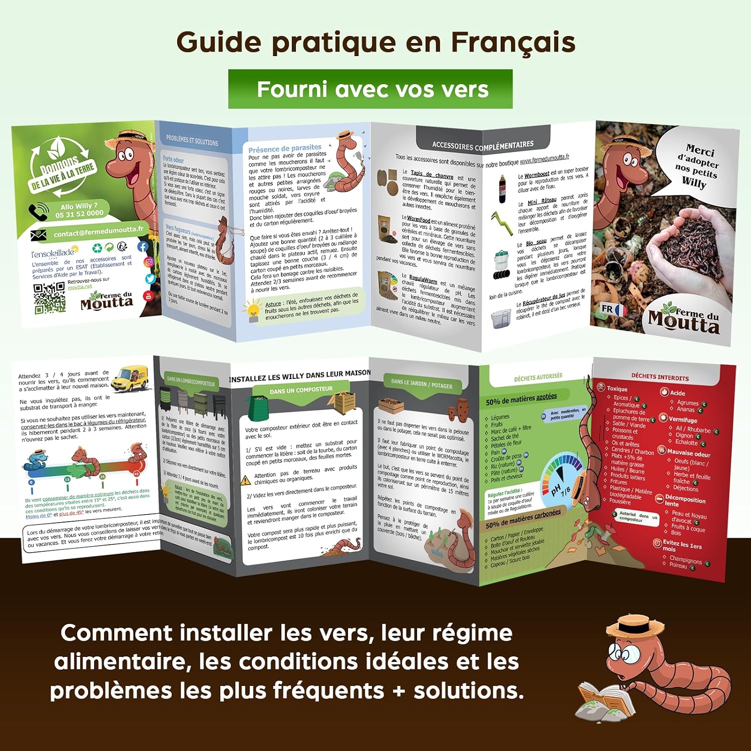 Guide pratique en français dépliant, fourni avec les vers pour les installer et les nourrir