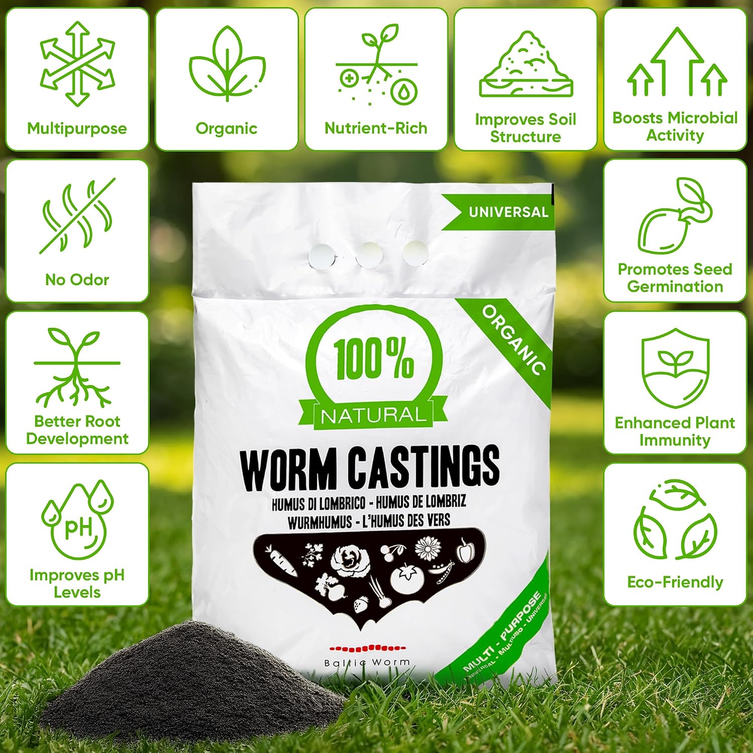 Sachet de vermicompost Baltic Worm sur lherbe, avec pictogrammes de ses atouts pour le sol et les plantes