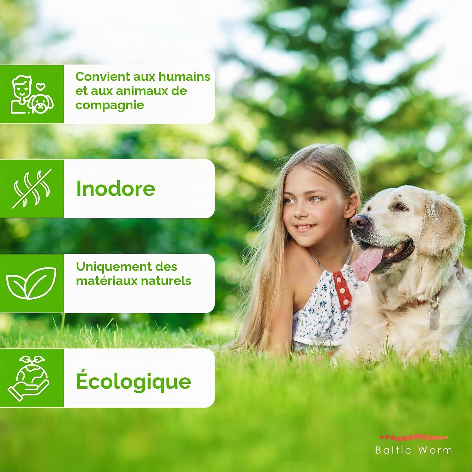 Fillette et chien dans lherbe, avec texte sur un produit inodore, naturel et sans danger