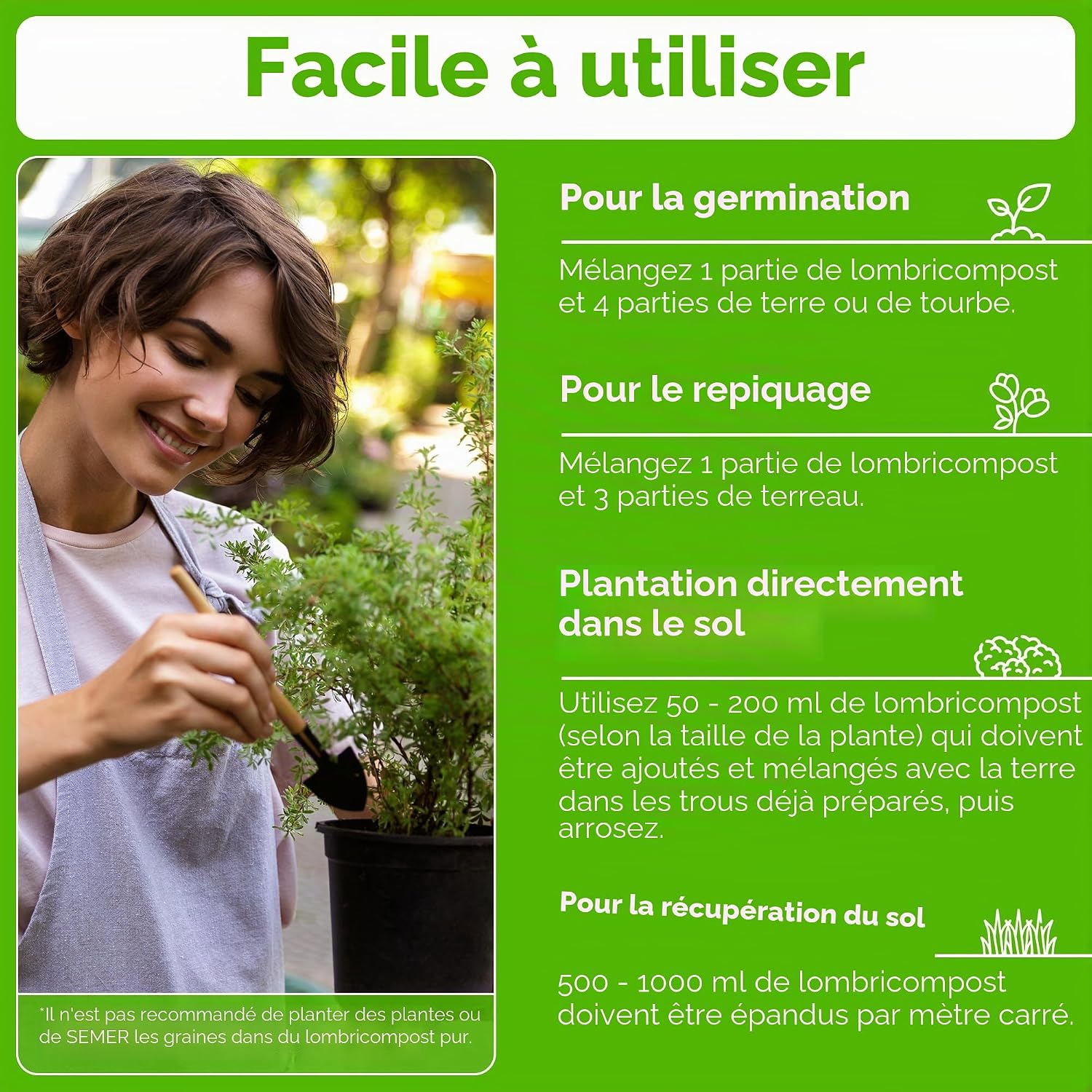 Jardinière empotant une plante, avec les doses de lombricompost pour germination, repiquage et plantation