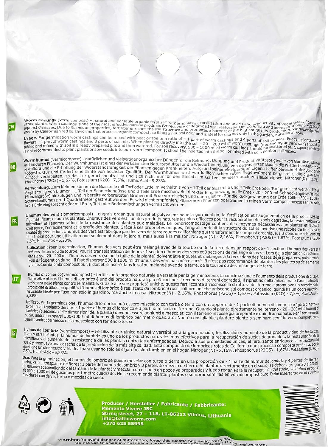 Verso du sachet de vermicompost avec la notice dutilisation imprimée
